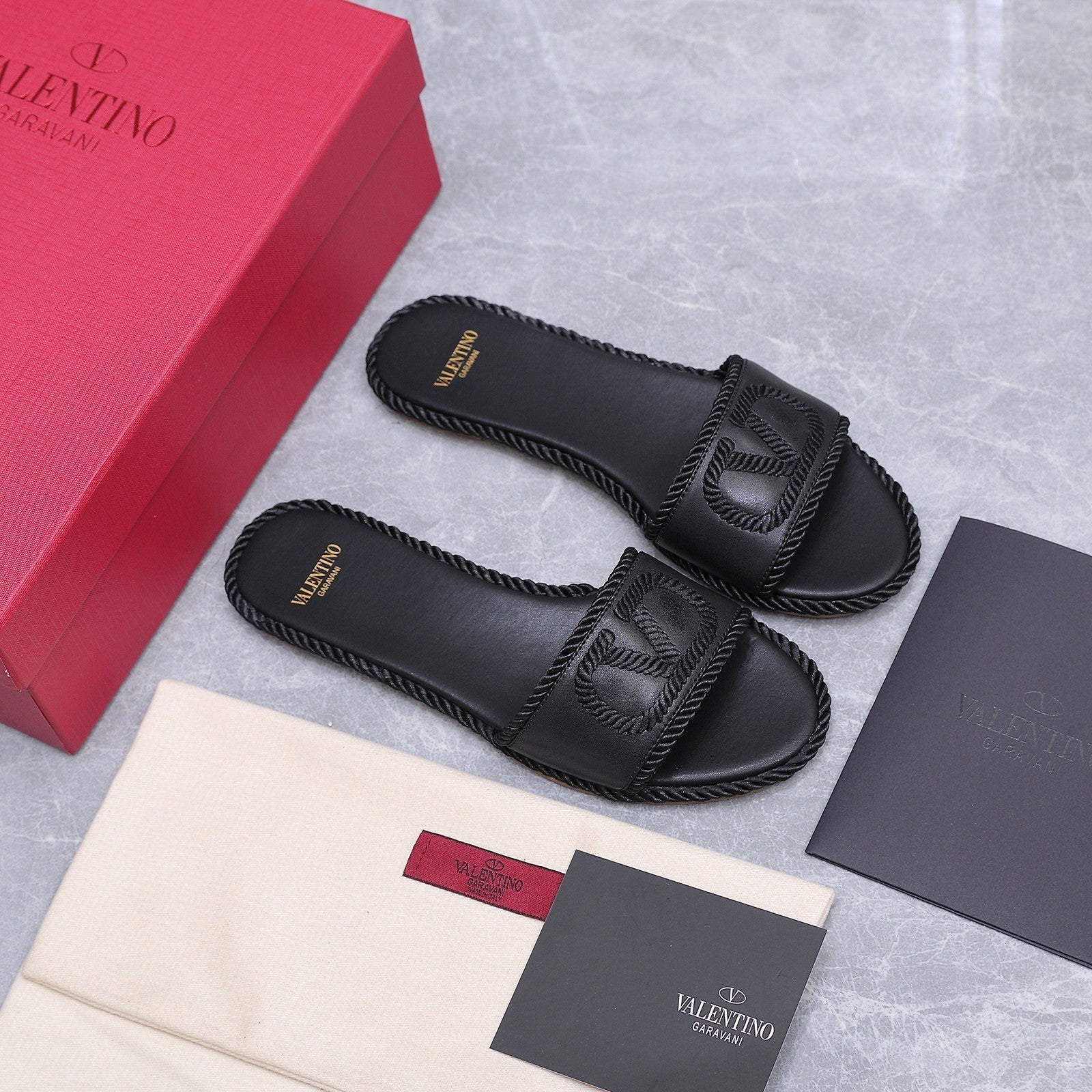 VLTN Torchon Slide Sandal Black Leather Canvas 94125