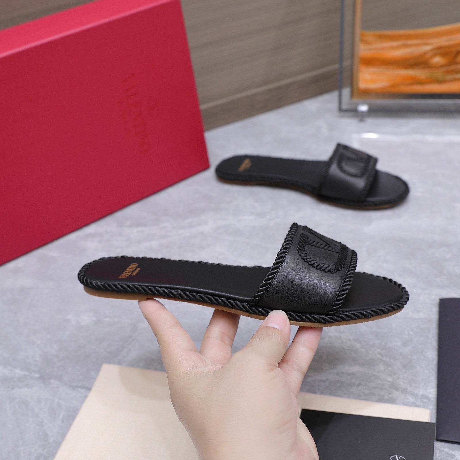 VLTN Torchon Slide Sandal Black Leather Canvas 94125