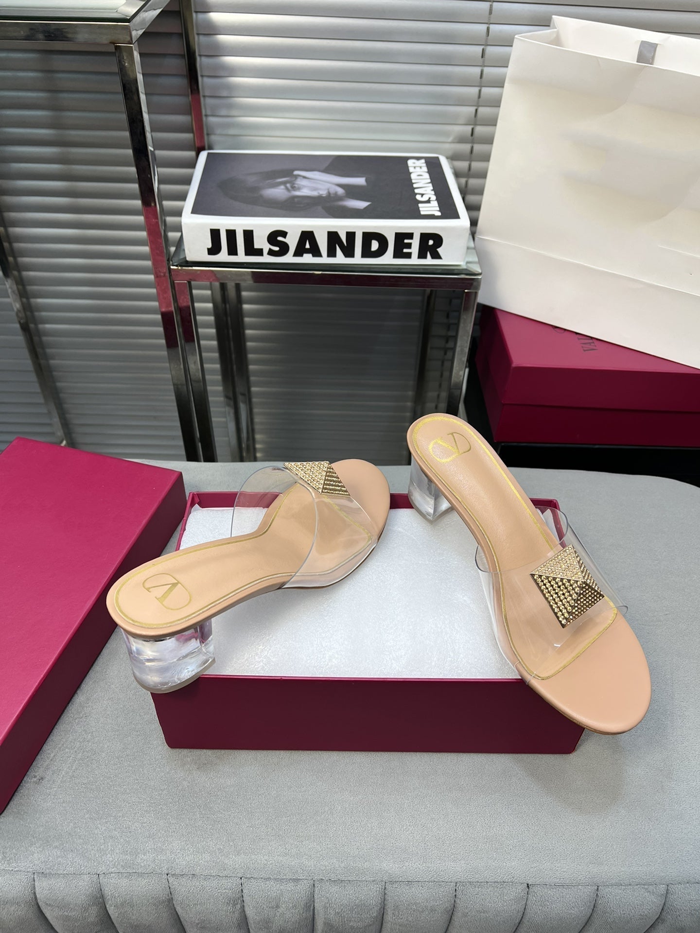 Heeled Sandals 6cm with Crystal Square Buckle Beige