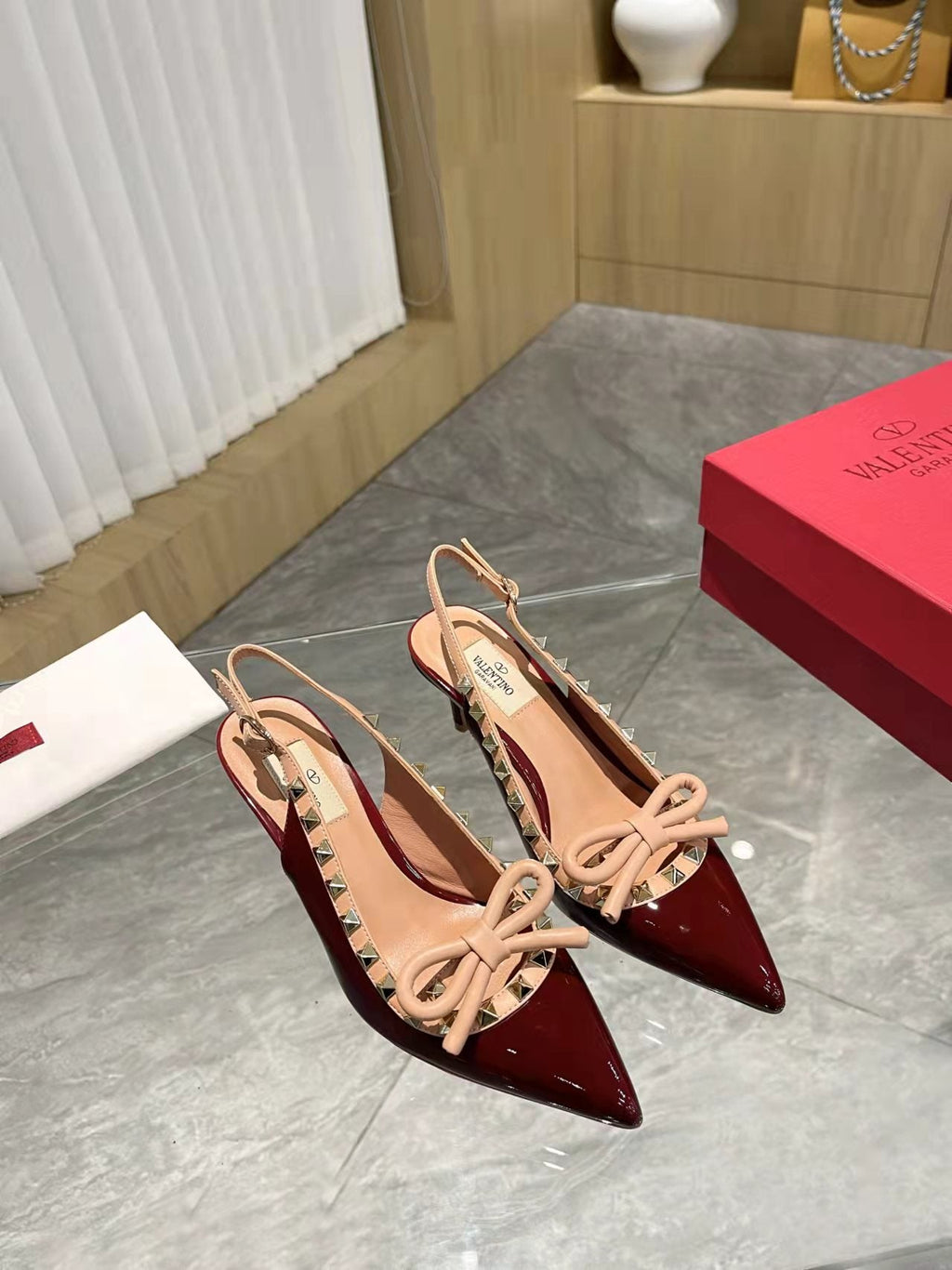 Valentino Rockstud Bow Slingback Pumps 65mm Patent Leather