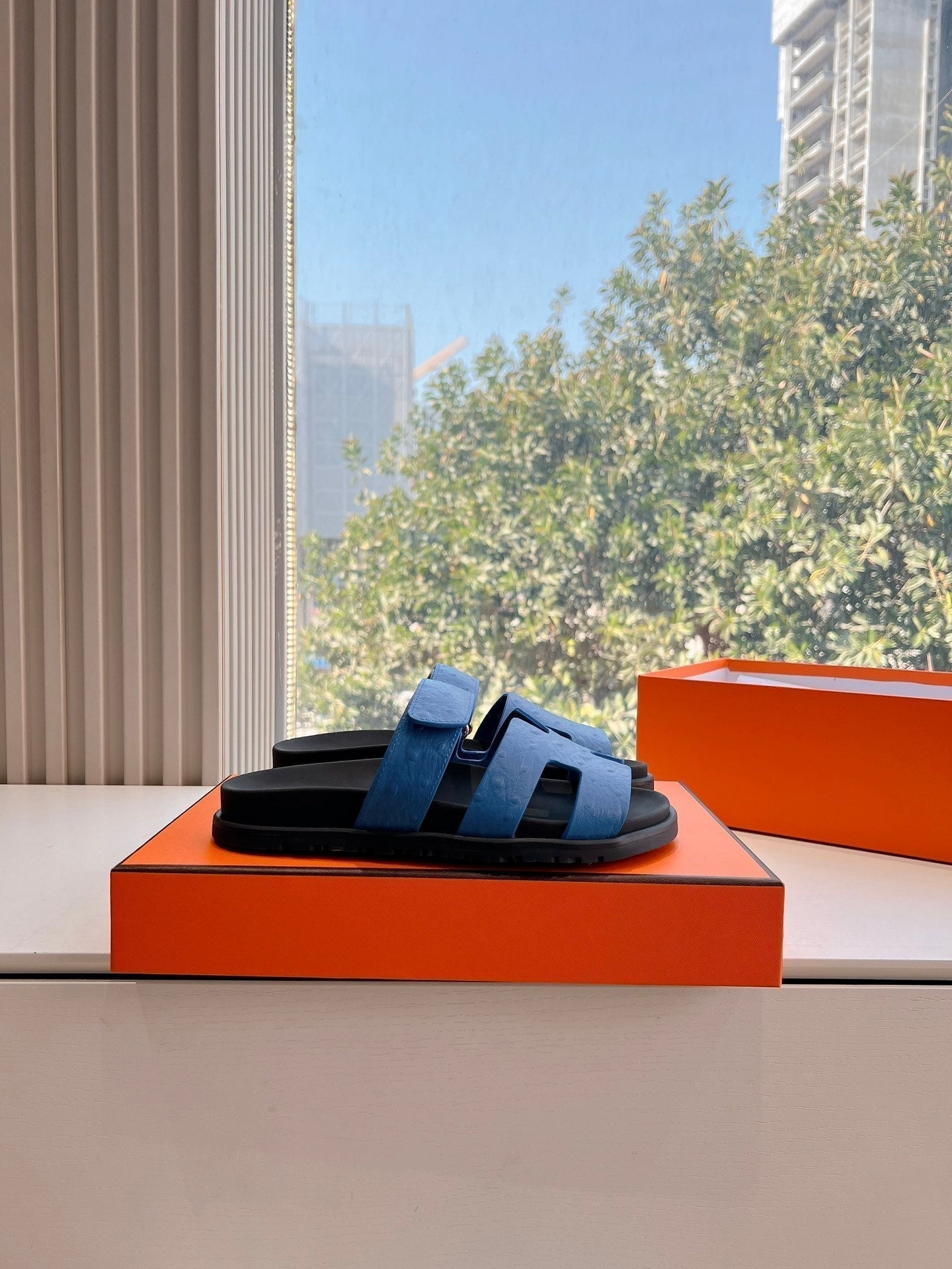HERMES CHYPRE SANDAL IN COBALT BLUE GRAINED CALFSKIN