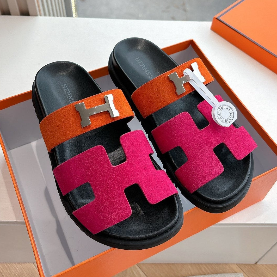 HERMES CHYPRE SANDAL IN DARK PINK MIX ORANGE SUEDE