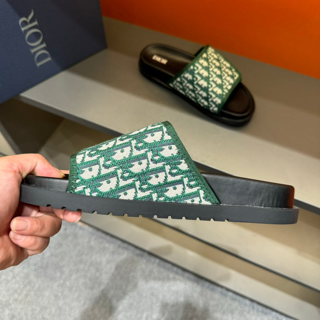 CD VELCRO STRAP SLIPPER DARK GREEN JACQUARD