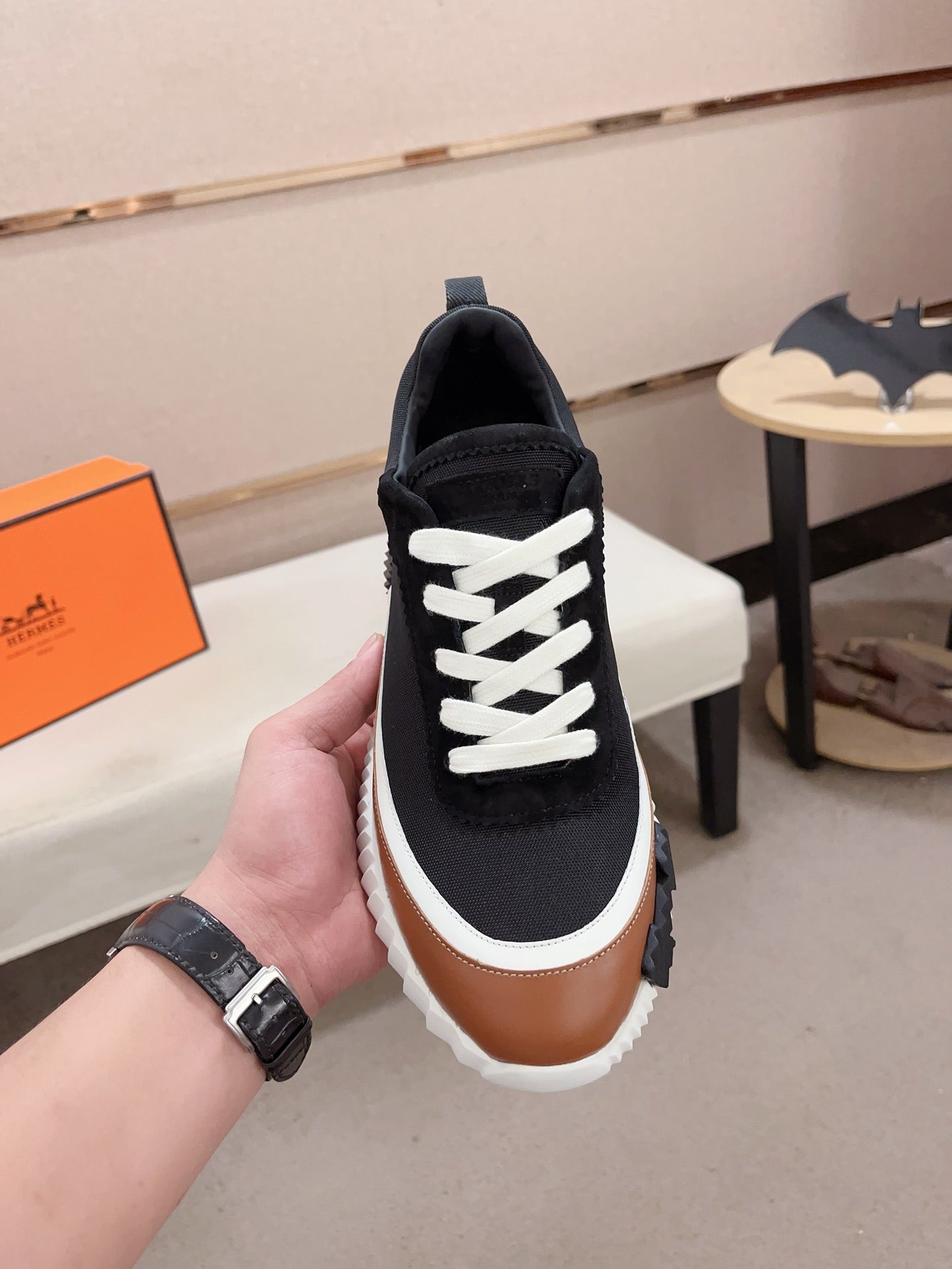 HM BOUNCING SNEAKER BLACK AND BROWN CALFSKIN