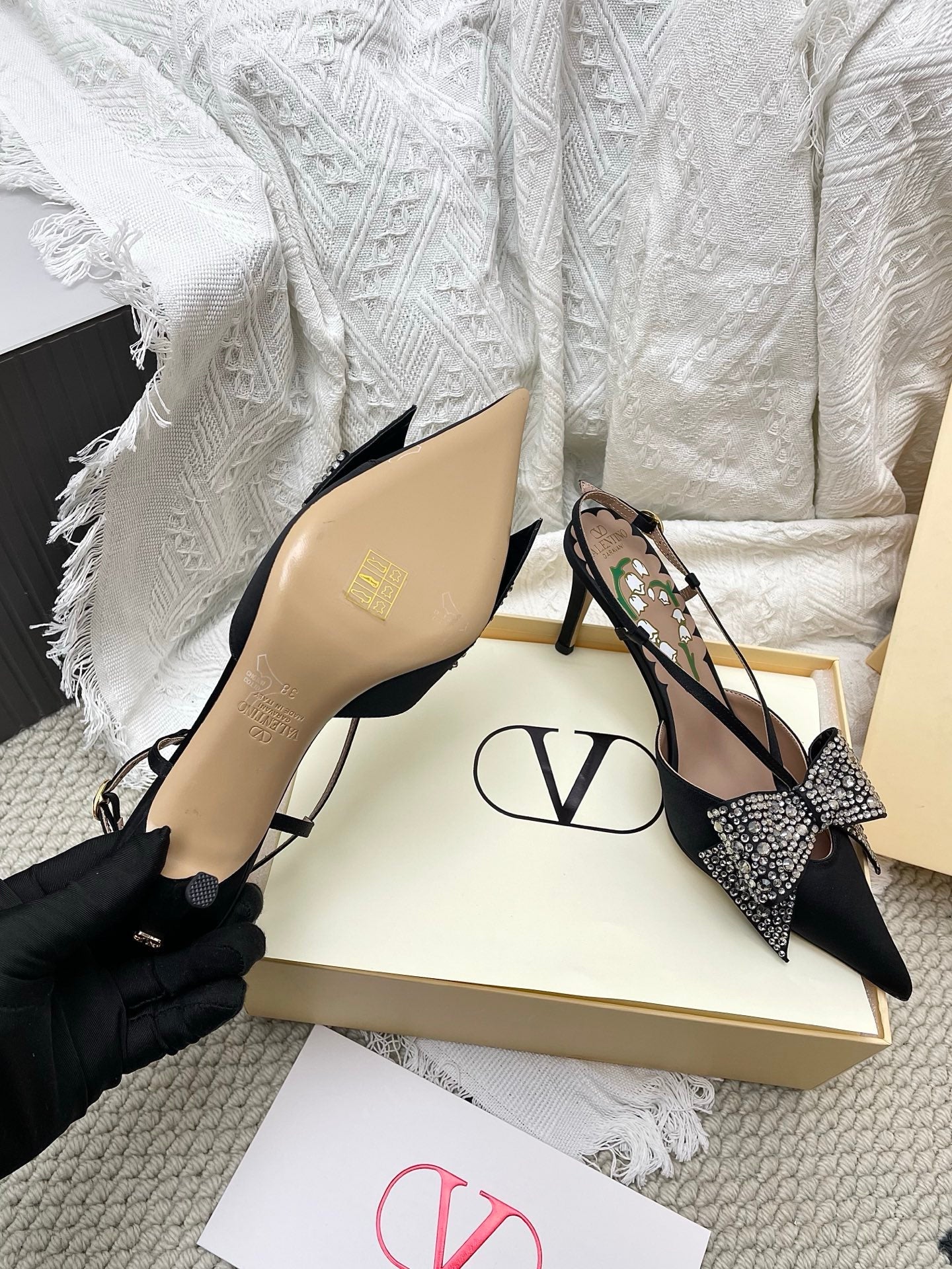 Garavani Bowow 8.0 Embellished Slingback Pumps Black Satin