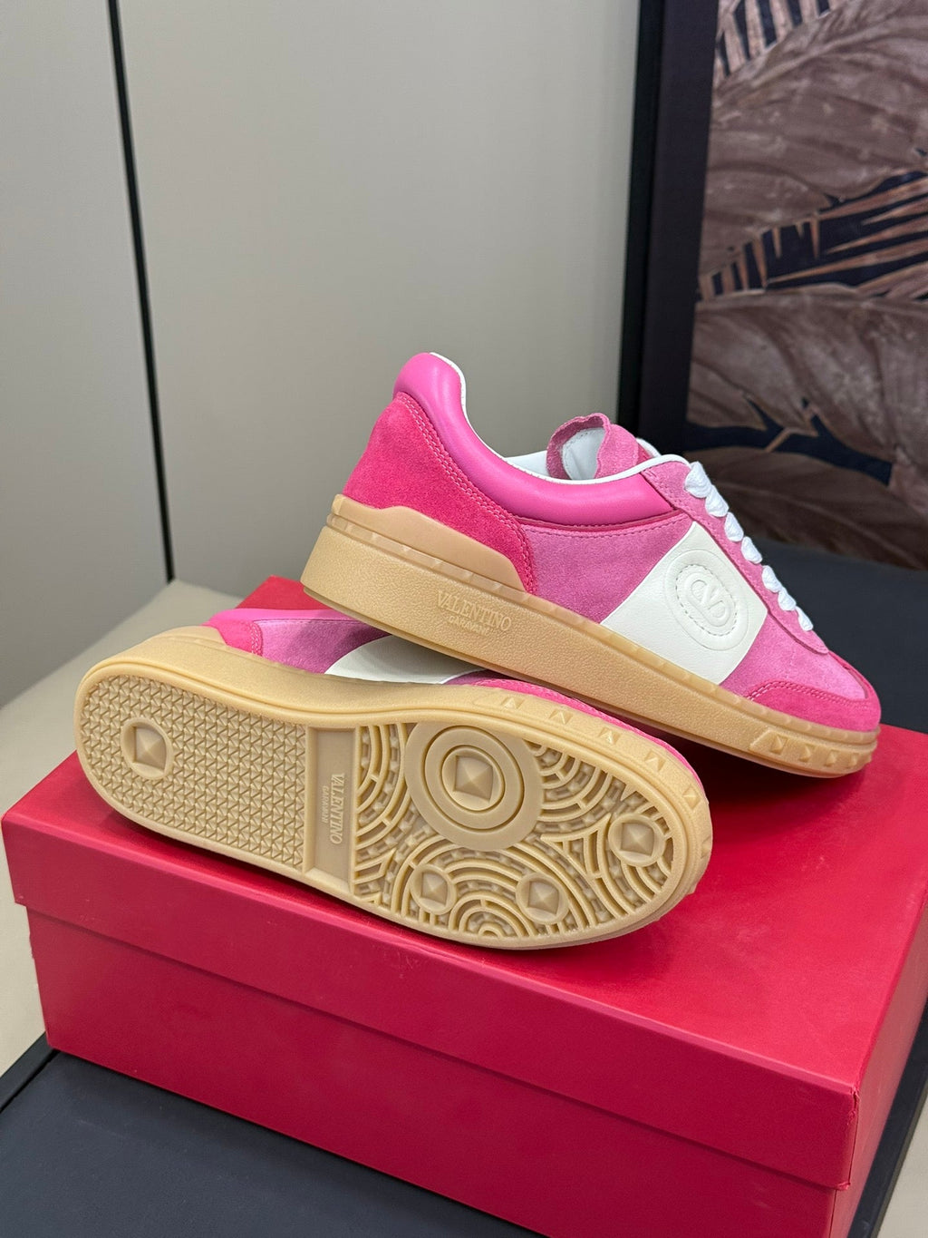 Upvillage Trainer In Dark Pink Mix Pink Suede With Laminated Calfskin 992729