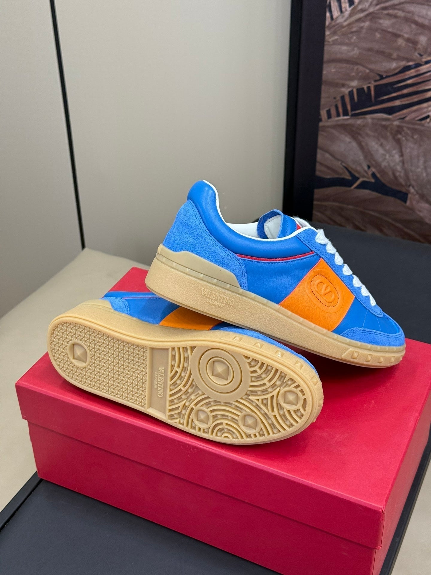 Upvillage Trainer In Blue Mix Orange Suede With Laminated Calfskin 992730