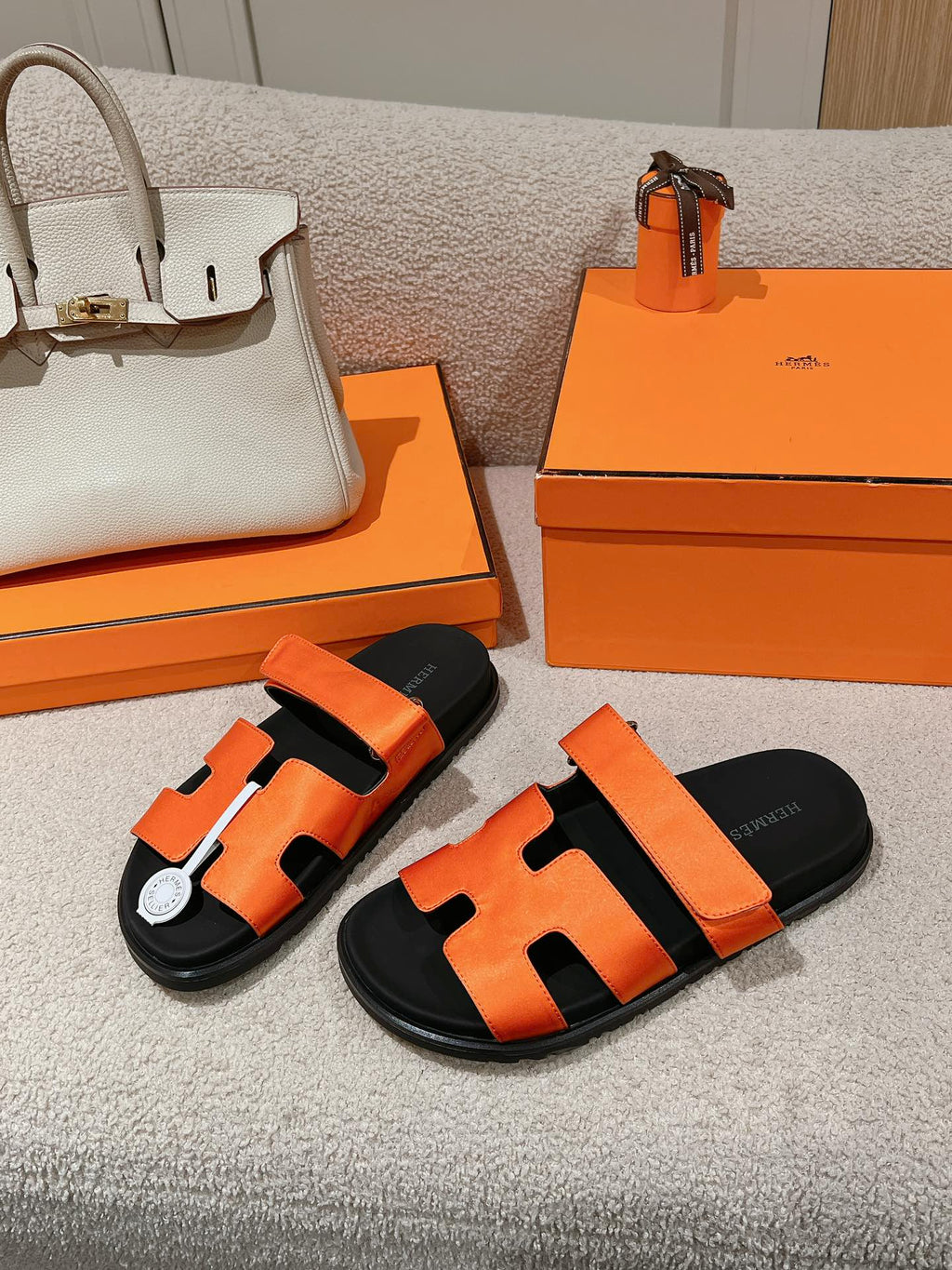 HERMES CHYPRE SANDAL BLACK MIX DARK ORANGE CALFSKIN