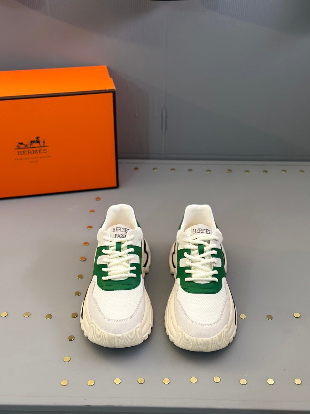 HM Men's Sneaker White Green Mesh Calfskin 541263
