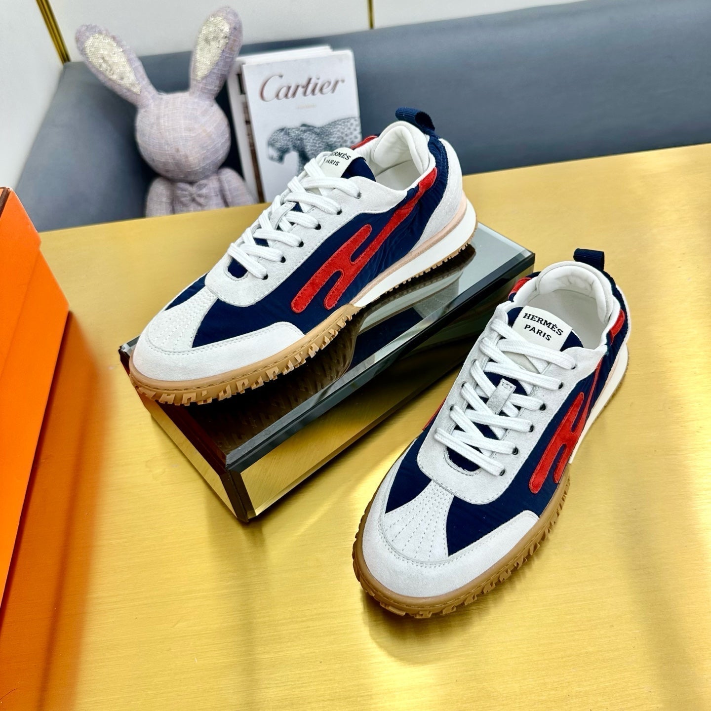 HERMES JET SNEAKER IN WHITE MIX NAVY BLUE SUEDE