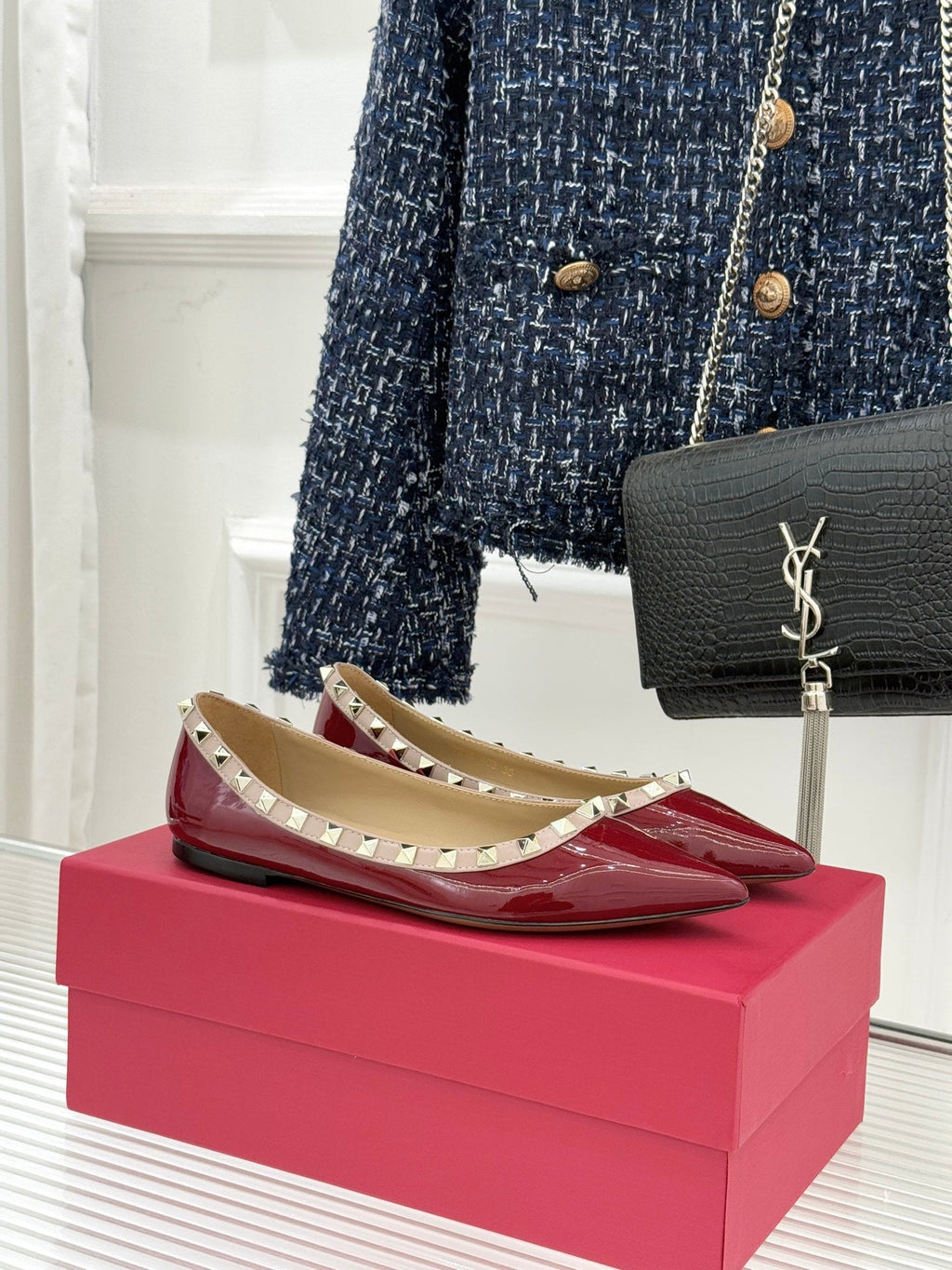 Valentino Rockstud Ballet Flat Burgundy Patent Leather 642996
