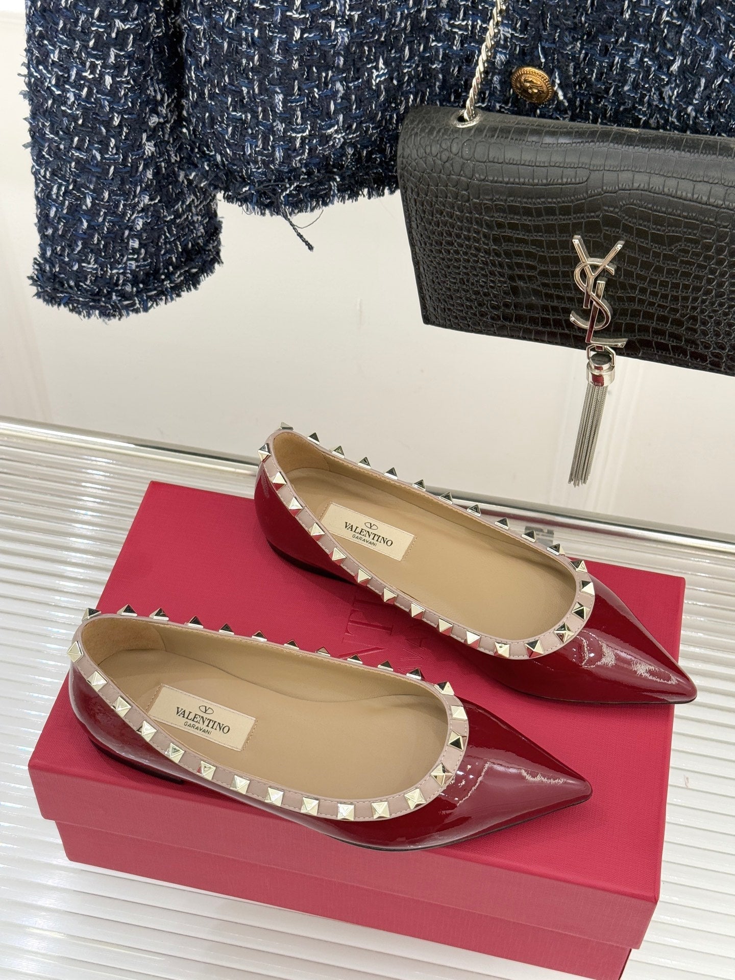 Valentino Rockstud Ballet Flat Burgundy Patent Leather 642996