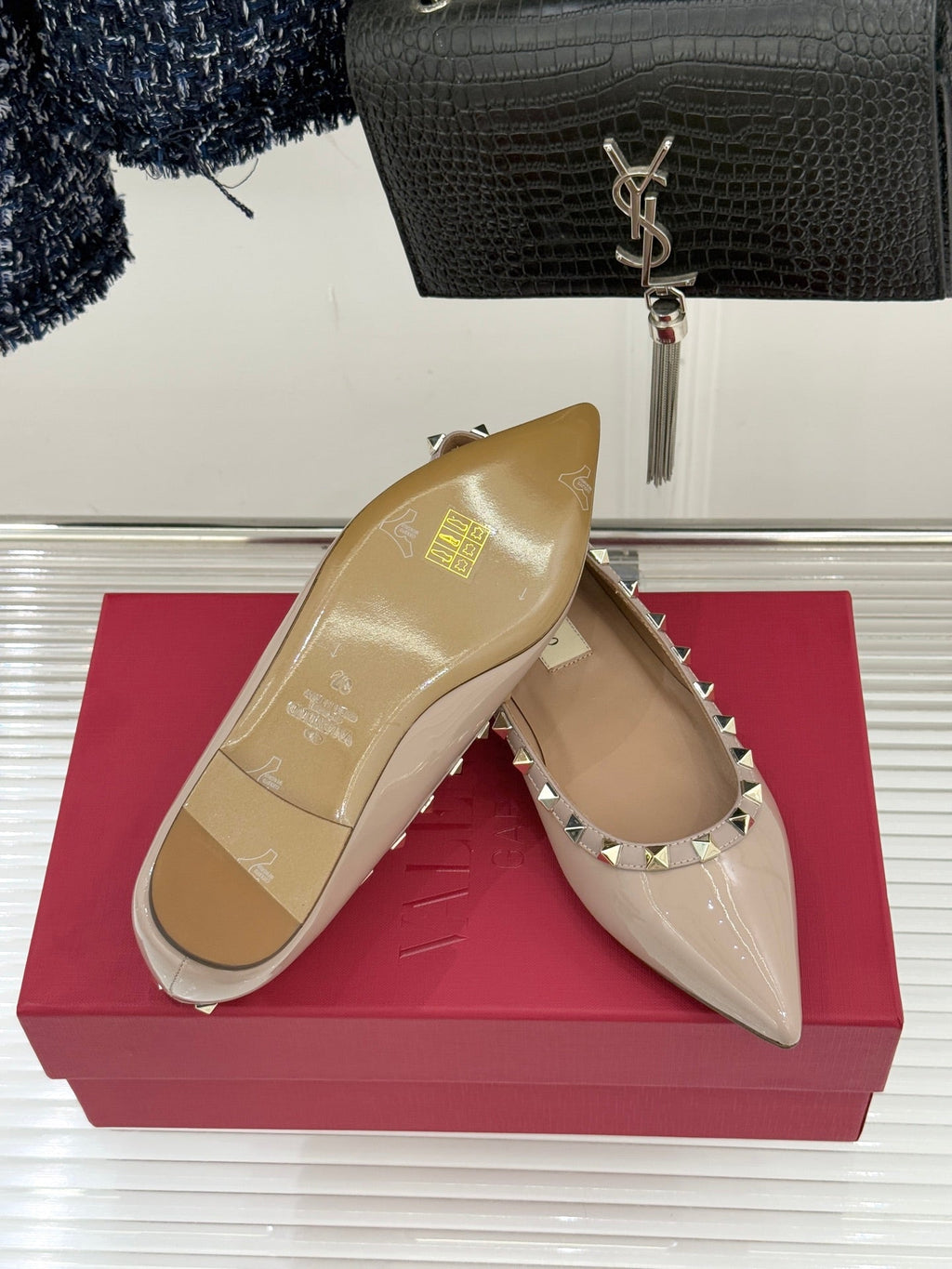Valentino Rockstud Ballet Flat Beige Patent Leather 642997