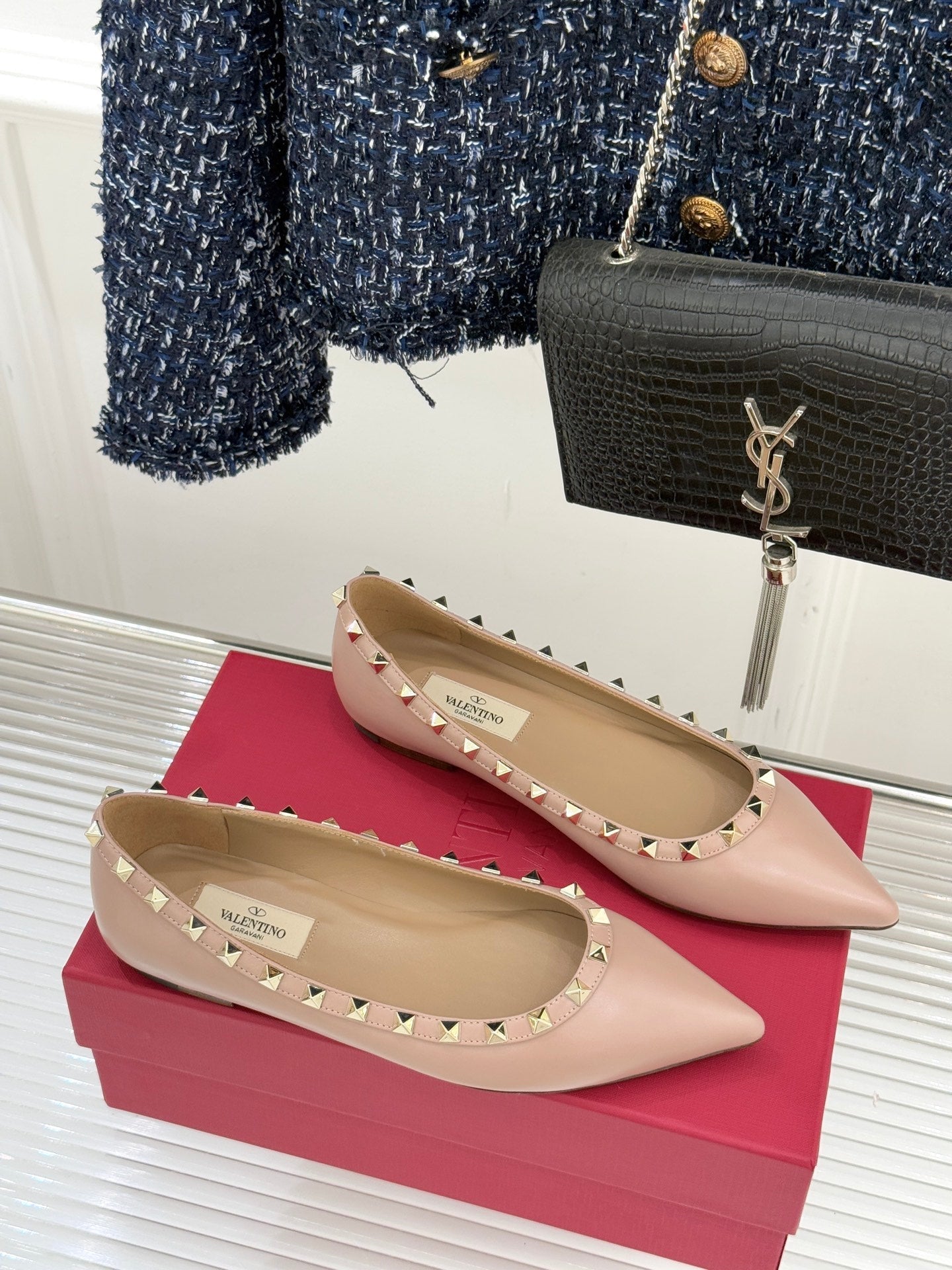 Valentino Rockstud Ballet Flat Beige Sheepskin 642999
