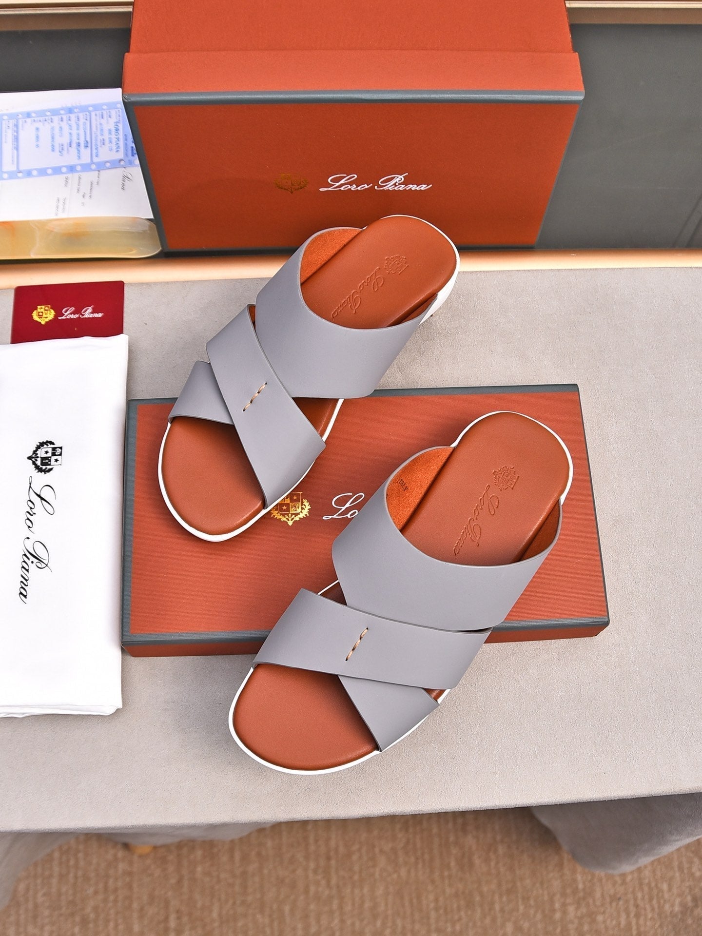 LP INTERWOVEN STRAPS SLIPPERS LIGHT GRAY CALFSKIN