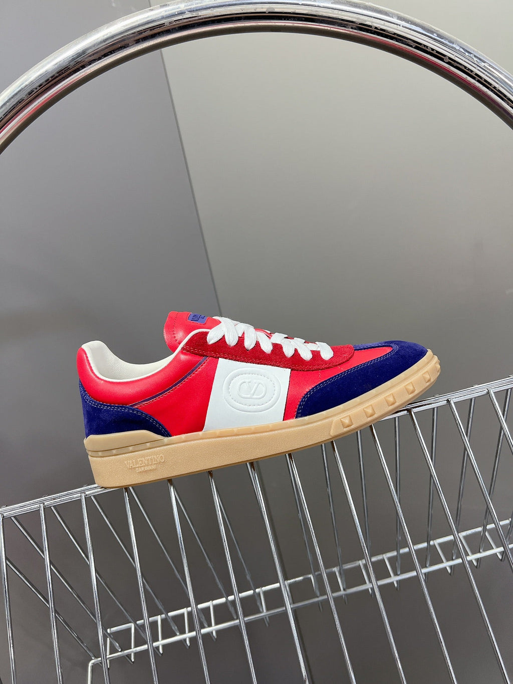 Upvillage Trainer In Red Mix Deep Blue Laminated Calfskin With Suede 989608