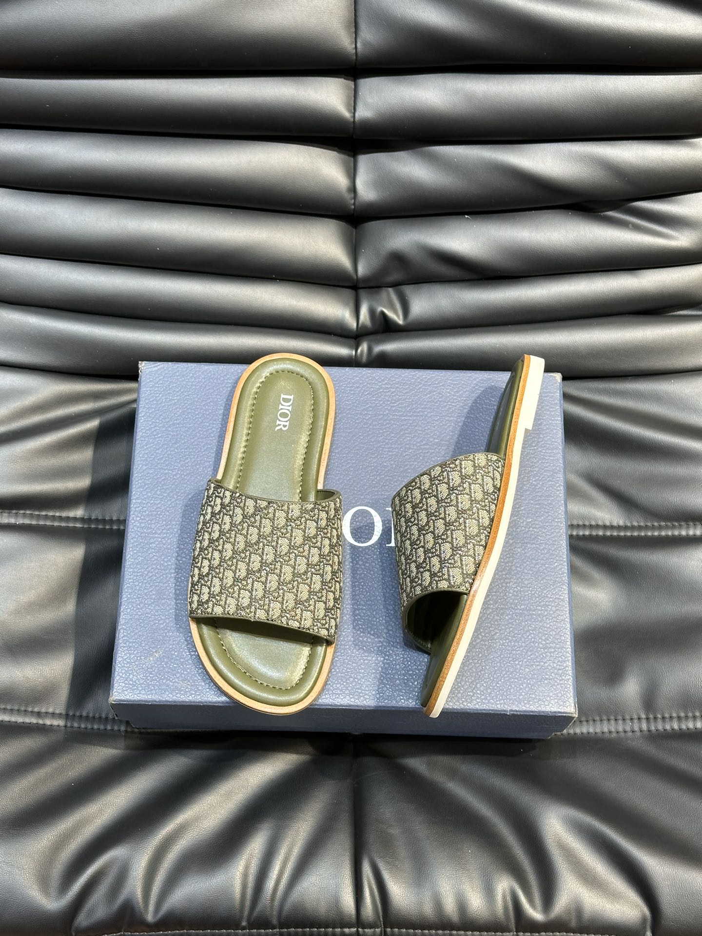 CD SLIDE ALIDAS SLIPPER OLIVE JACQUARD AND CALFSKIN