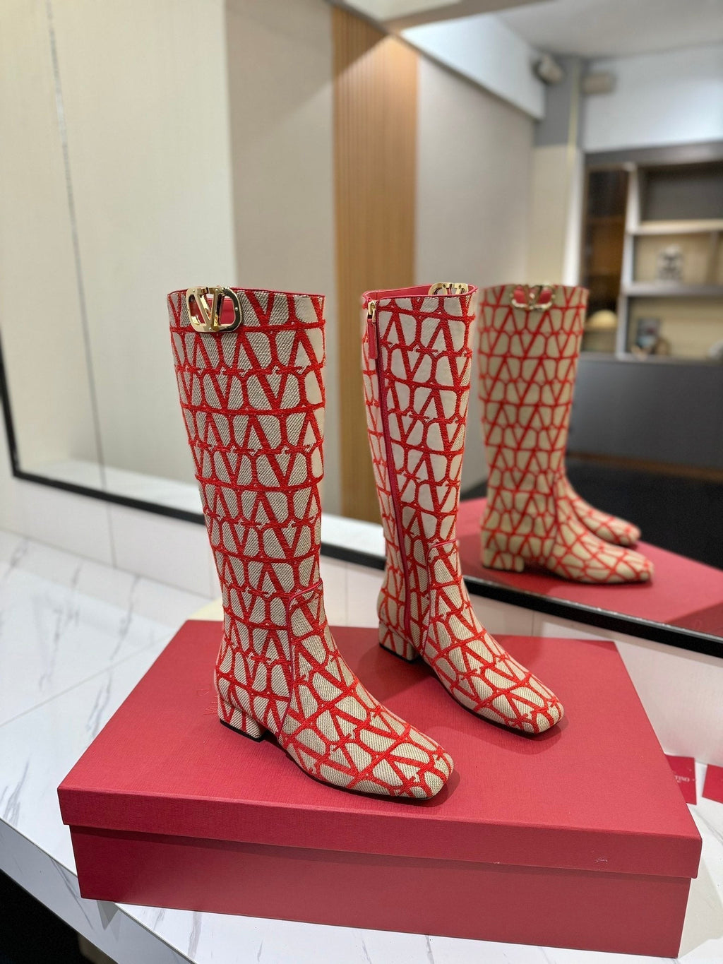 Valentino Garavani VLogo Tall Monogram High Boots 30mm In Beige Mix Red Canvas Fabric 992789