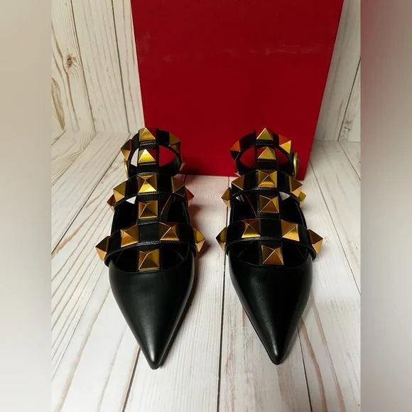VT Roman Stud Ankle Strap Mule Black Lambskin