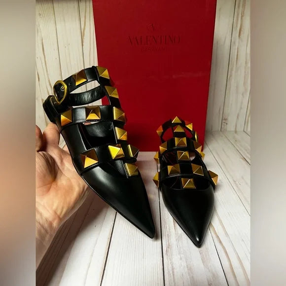 VT Roman Stud Ankle Strap Mule Black Lambskin