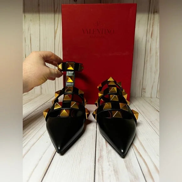 VT Roman Stud Ankle Strap Mule Black Lambskin