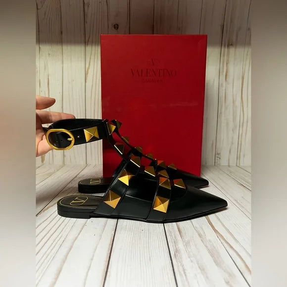 VT Roman Stud Ankle Strap Mule Black Lambskin